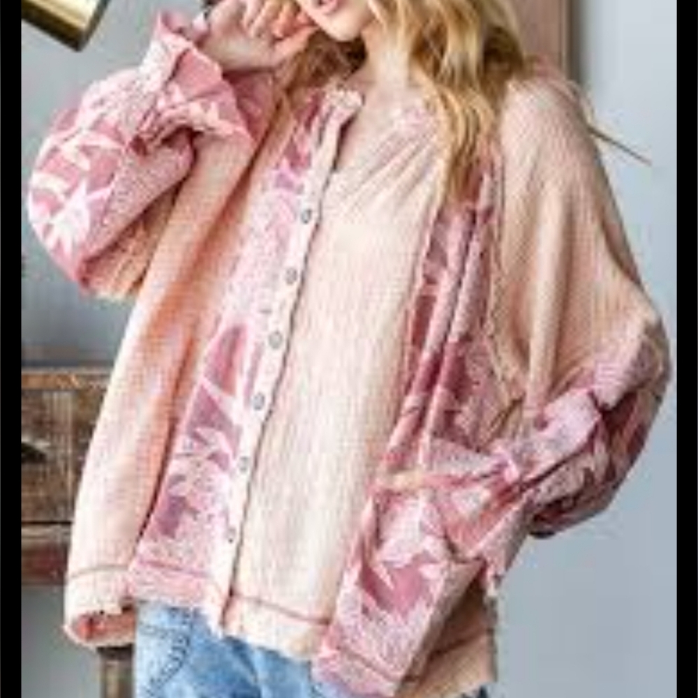 Oli & Hali Shirt Jacket Lacy Gauze Women's Size Med Oversized Pink Sheer - Picture 5 of 8